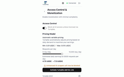 Turnpike :: Turnpike is a browser extension that helps you monetise your content by blocking unauthorised AI scraping and earning from access.