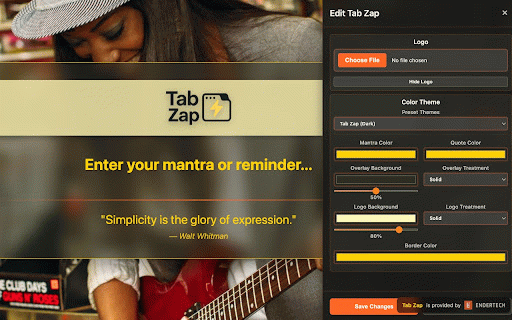 Tab Zap :: A customizable new tab experience with inspirational mantras, beautiful themes, and motivational quotes.