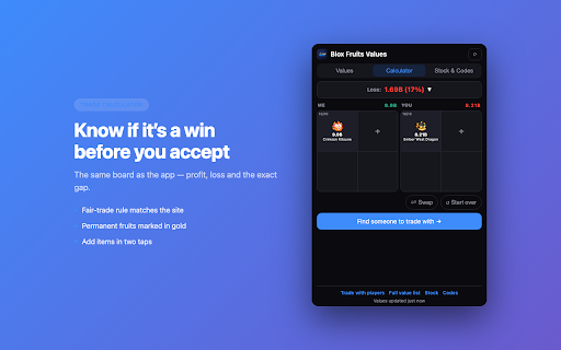 Blox Fruits Values & Trade Calculator :: Blox Fruits values, trade calculator, live stock and codes. Check any trade is a win before you accept.