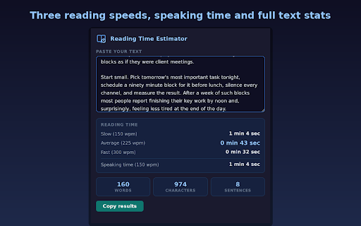 Reading Time Estimator :: Estimate reading time and speaking time of any text instantly. Shows word count, character count, sentences.