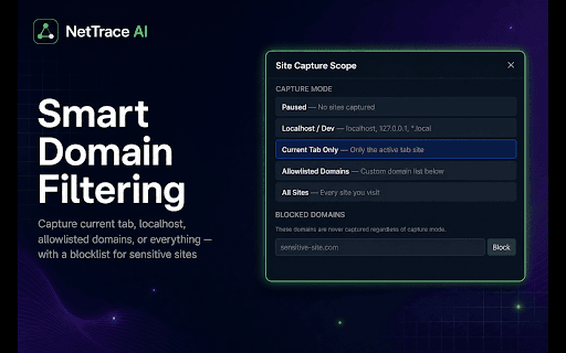 NetTrace AI :: Capture network requests and format them for AI debugging workflows. Reduce debugging-to-AI time from minutes to seconds.