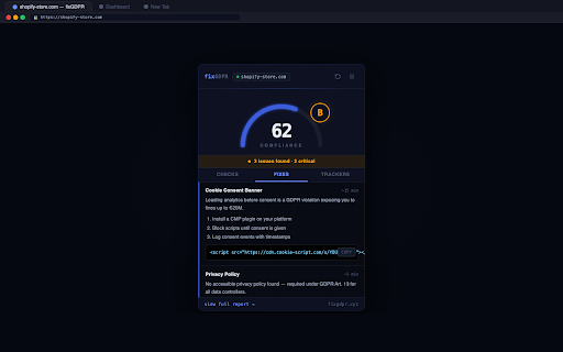 GDPR Compliance Checker — fixGDPR :: Check any website for GDPR, CCPA & ePrivacy compliance. Get your score, see failing checks, and unlock copy-paste fixes.