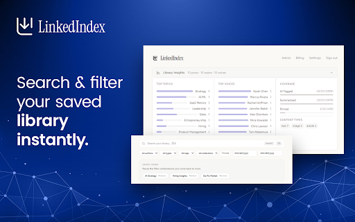 LinkedIndex :: Put your LinkedIn feed to work. Save posts with one click, AI tags them by topic, and search for the exact insight when you need it.