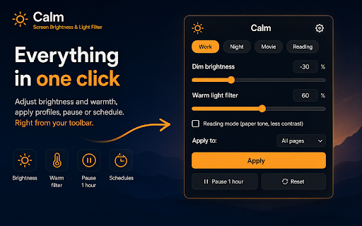 Calm — Screen Brightness & Light Filter :: Dim your screen, add a warm light filter, and automate your settings with schedules, profiles, and sunset mode.
