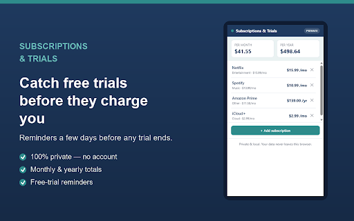 Subscriptions & Trials – Private Tracker :: Track your subscriptions privately. 100% on your device, no account, no data collected. See your real monthly and yearly spend.