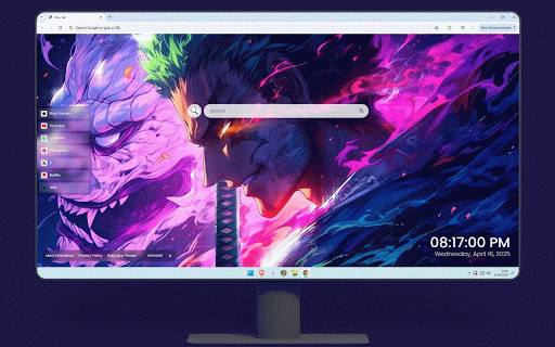 Swordsman Roronoa Zoro Live Wallpaper :: Green-haired swordsman faces purple dragon amid swirling neon energy and flames.