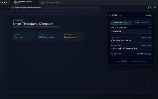 Unix Timestamp Converter & Epoch Pro :: Instantly convert Unix timestamps via selection or popup. Smart 10/13-digit auto-detection, UTC/local timezone, and dark mode.