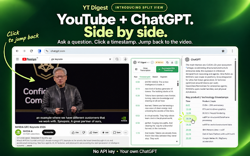 YT Digest - YouTube Transcription to ChatGPT :: Push YouTube transcripts to ChatGPT in one click. Summarize, QnA, Fact Check, Deep dive in your own chat. No API Key required
