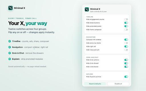Minimal X :: Declutter X/Twitter with calm controls: hide ads, counts, trends, drawers, and visual clutter.