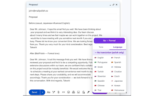MailPolish - Email Tone Polisher :: Polish your emails with MailPolish. Choose a tone, and your text is instantly rewritten — right inside Gmail.