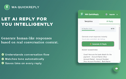 WA QuickReply :: Smart AI replies and schedules for WhatsApp Web (Reliability Build).