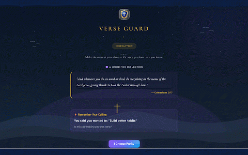 Verse Guard - Bible Verse Website Blocker :: Block distracting websites with Scripture. Bible verses on every block page, focus timer, and spiritual challenges.