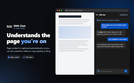 SNN Chat - AI Assistant :: Chat with any webpage from Chrome's side panel. Summarize, explain and ask questions using any AI model via OpenRouter.