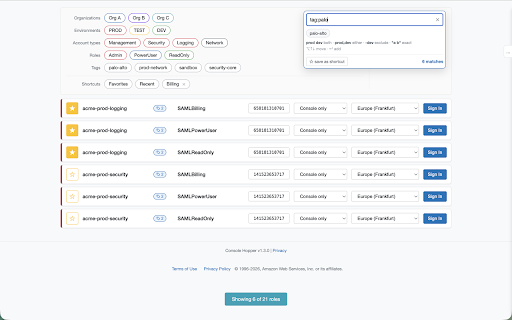 Console Hopper :: For AWS: hop between consoles fast — role-picker search, account tags, deep-link services, env-coloured tabs, tab groups.