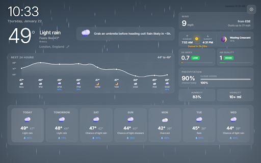 Weather Dashboard :: Weather dashboard for every new tab. Current conditions, hourly & 7-day forecasts, air quality, UV index, sunrise & sunset.