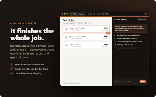 doeverything – AI Browser Agent :: doeverything — an AI agent that drives your browser. Chat in the side panel; it navigates, fills forms, and runs tools for you.