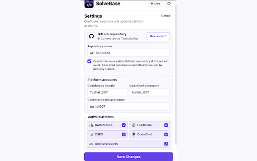 SolveBase - Solves to GitHub :: Automatically syncs accepted Codeforces, LeetCode, CSES, CodeChef and GeeksforGeeks solutions to GitHub.