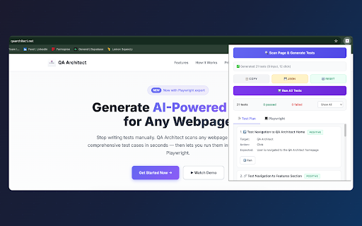 QA Architect :: AI-powered test generation for any webpage. Generate comprehensive automated tests in seconds.