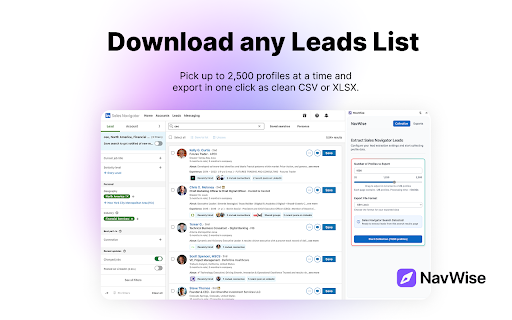 NavWise: Prospect List Exporter :: Export full lead search results into clean, structured spreadsheets. Save time and streamline your prospecting workflow, instantly.