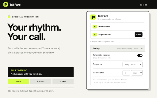 TabPare :: Group similar tabs and close duplicate or inactive Chrome tabs, with optional scheduled duplicate cleanup.