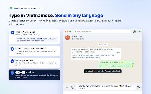 WhatsApp Auto Translate :: Tự động dịch tin nhắn đến trên WhatsApp Web sang ngôn ngữ bạn chọn (mặc định: Tiếng Việt). Alt+T để dịch tin đang soạn.