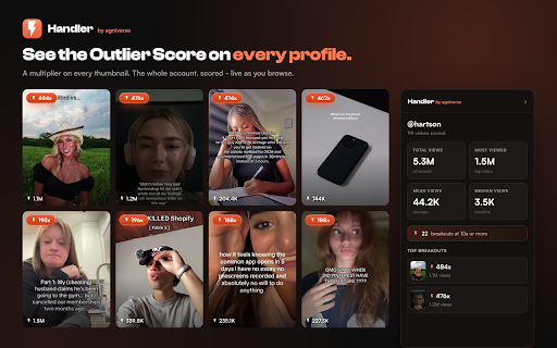 Handler - Outlier & Pull scores for TikTok, Instagram, YouTube :: Analytics for TikTok, Instagram & YouTube: spot viral outliers and Pull Scores on any profile, live as you browse.
