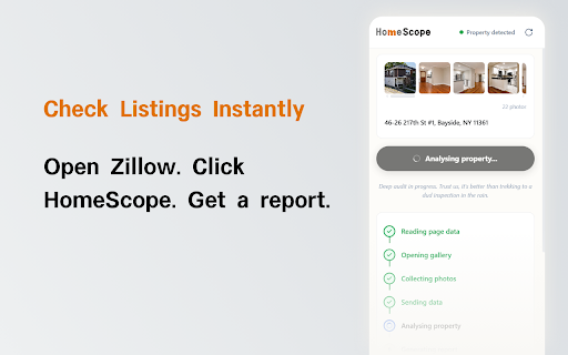 HomeScope: AI Property Analyzer for Zillow :: Analyze Zillow & realestate.com.au listings with AI. Spot red flags, photo concerns, missing facts, and buyer questions.