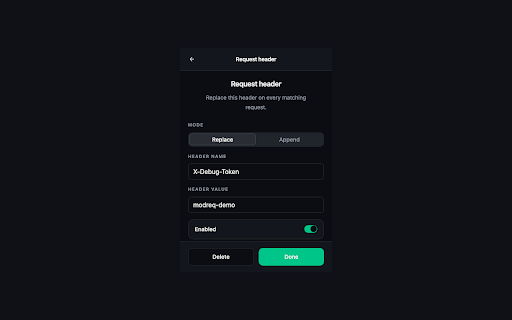 modreq - Modify HTTP Headers :: Modify HTTP request headers and cookies. Replace or append headers, override cookies. Free ModHeader alternative.