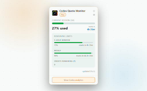 Codex Quota Monitor :: Exibe os limites de uso do Codex direto na barra do navegador.