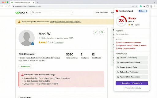 Upwork & Fiverr Trust Score — FreelanceTrust :: Trust Score for every Upwork & Fiverr freelancer. Spot red flags, fake reviews and scams before you hire. Free.