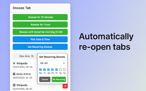 Tab Snoozer - Snooze tabs in a click :: Easily snooze tabs with a click! Set timers to hide distracting tabs and automatically bring them back when you need them again.