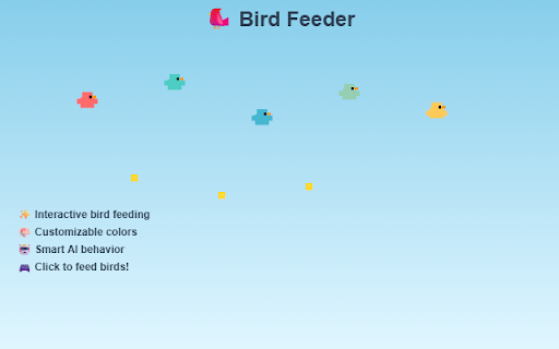 Bird Feeder :: Feed adorable pixel art birds! Customize colors, unlock bird types, backgrounds, and chat with intelligent crows.