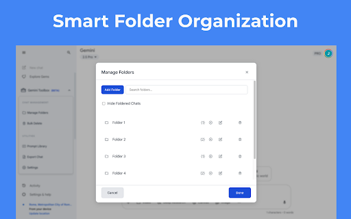 Toolbox for Gemini :: Enhance Gemini with folders, prompt library, word counter, and chat exporter.