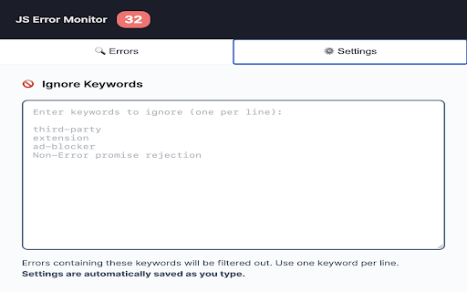 JS Error Monitor :: Track JavaScript errors in real-time with badge counter, detailed logs, and custom filtering for web developers.