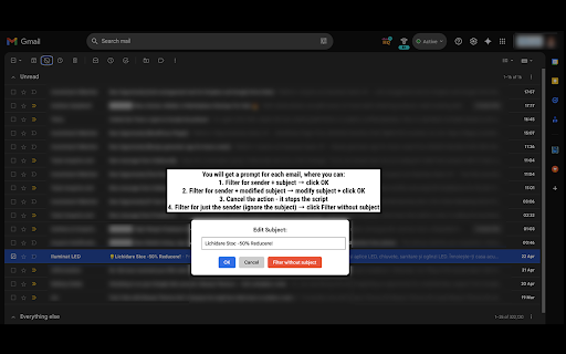 Gmail Filter by Sender & Subject + Mark as Read :: Adds a Gmail button to filter by sender and subject and mark as read.