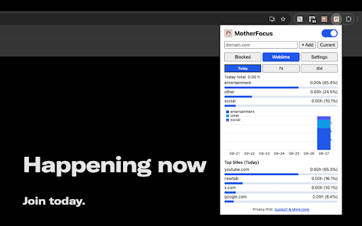 Blockme MotherFocus :: Lightweight, privacy-first site blocker + webtime tracker. Block distractions and protect deep focus.