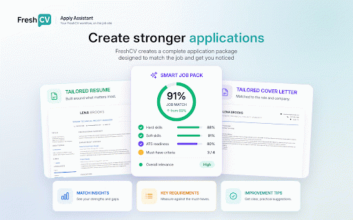 FreshCV Apply Assistant :: Save job ads to FreshCV, queue Smart Job Packs, and keep your job search organised.