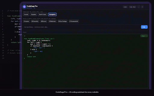 CodeSage Pro — Universal AI Code Assistant :: AI coding assistant for every website. Finds bugs, explains code & reviews security. 25 free AI calls/month.