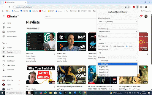 Todij Playlist Manager :: Open multiple YouTube playlist videos in tabs easily. Filter by range or keyword. Requires Google Sign-In for your playlists.