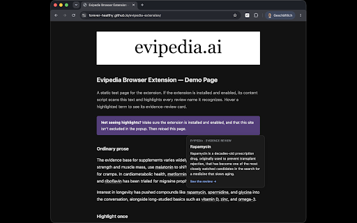 Evipedia :: Highlights health and longevity intervention terms on any web page with evidence review hover cards from evipedia.ai