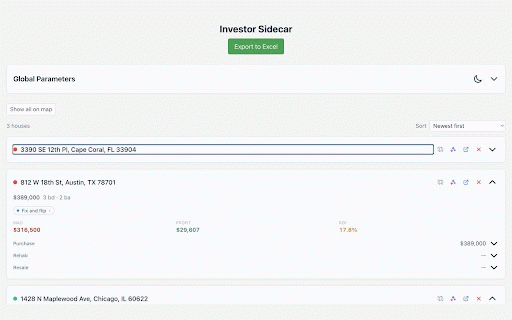Investor Sidecar: Real Estate Deal Analyzer :: Rental, BRRRR & flip deal analyzer for Zillow, Redfin & Homes.com. Cash flow, cap rate, CoC, DSCR, comps — free, no account.