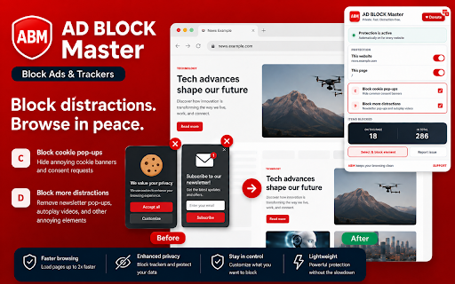 Ad Blocker Extension - Block Ads & Trackers :: Block common ads, trackers, popups and distracting page elements. Pause protection per site or page and block elements manually.