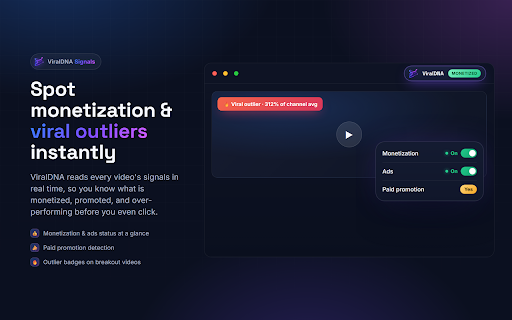 ViralDNA - YouTube Competitor Tools :: Download thumbnails, copy transcripts and tags, spot viral outlier videos, and run Pro content analysis. The ViralDNA.io extension.