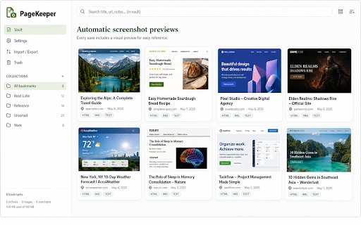 PageKeeper :: One green button, always within reach. Save any page as a bookmark, screenshot, or single-file HTML archive — all stored locally.