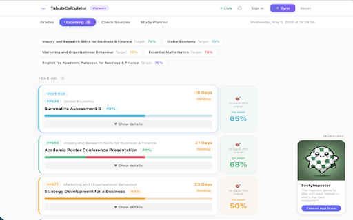 TabulaCalculator :: Track your Warwick grades automatically. Syncs with Tabula and Moodle.