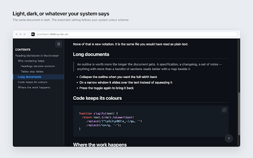 Markdown Viewer :: Renders local and hosted Markdown files in GitHub style, with a one-click toggle between preview and source.