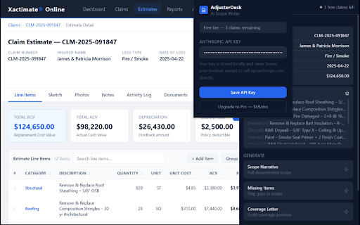 AdjusterDesk – AI Scope Writer :: AI-powered scope narratives, missing-item flags, and coverage letters for desk adjusters.