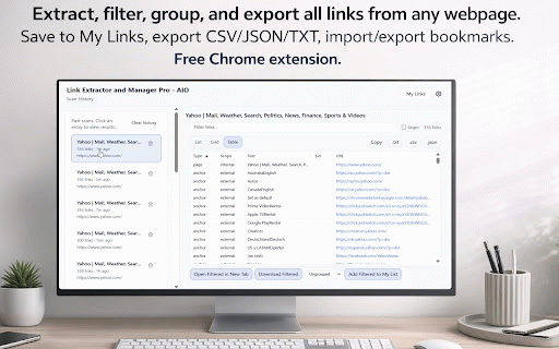 Link Extractor and Manager Pro - AIO :: Extract, filter, group, and export all links from any webpage. Save to My Links, export CSV/JSON/TXT, import/export bookmarks.