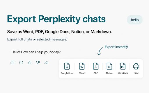 Chat Exporter for Perplexity — Notion, Word, PDF, Docs, Markdown, Print :: Save Perplexity chats to Notion, Word, PDF, Docs, Markdown, or Print in one click. Export full conversations or selected messages.