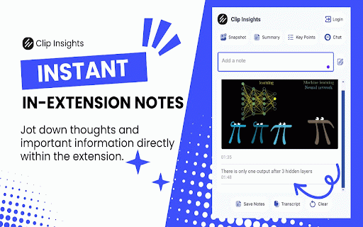 Clip Insights :: Clip Insights: capture video screenshots, timestamped notes, AI summaries, key points, and chat across learning platforms.
